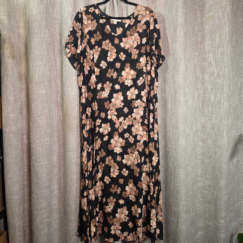 Woman Within Floral Maxi Dress Womens 1X 22/24 Black Tan Sheer Rayon Crepe